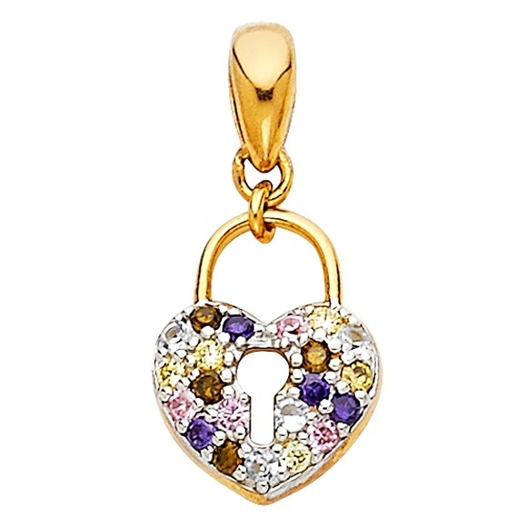 14k Solid Yellow Gold Heart Lock Gemstone Pendant